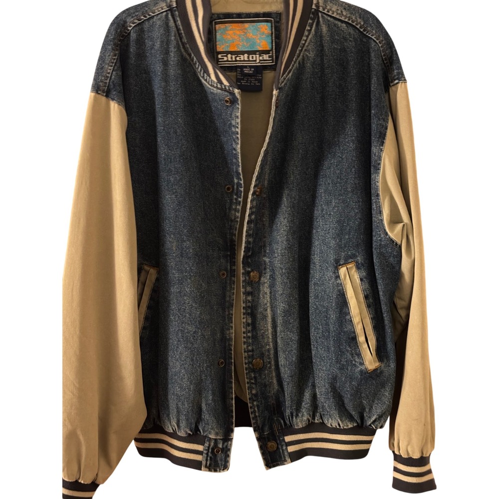 Stratojac Denim Bomber Jacket Mens L Vintage 90s Cotton Blend Blue‎ khaki